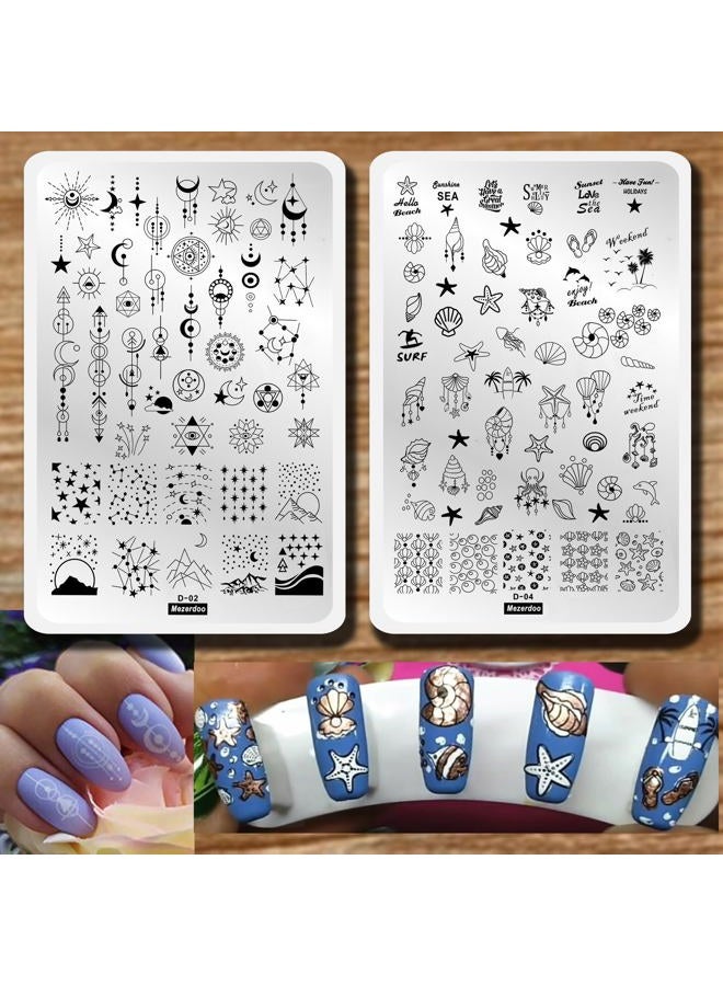 Mezerdoo 2pcs Sun Moon Star Nail Plates Stamping Set Sea Shell Pattern Stamp Templates Geometry Flowers Nail Art Stamper Plates for DIY Print Manicure Salon Design Gift Supplies 9.5x14.5CM - Image 1